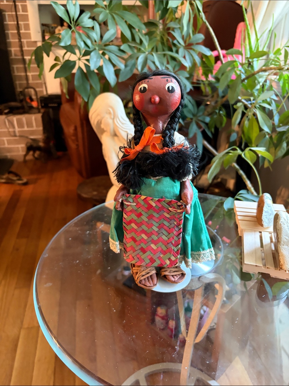 Vintage Mexican Handcrafted Doll with Pink Woven Basket